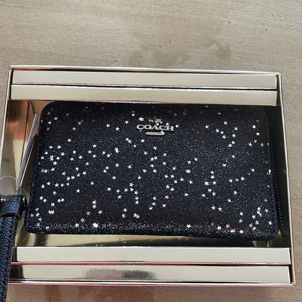Coach phone wallet wristlet - black glitter stars